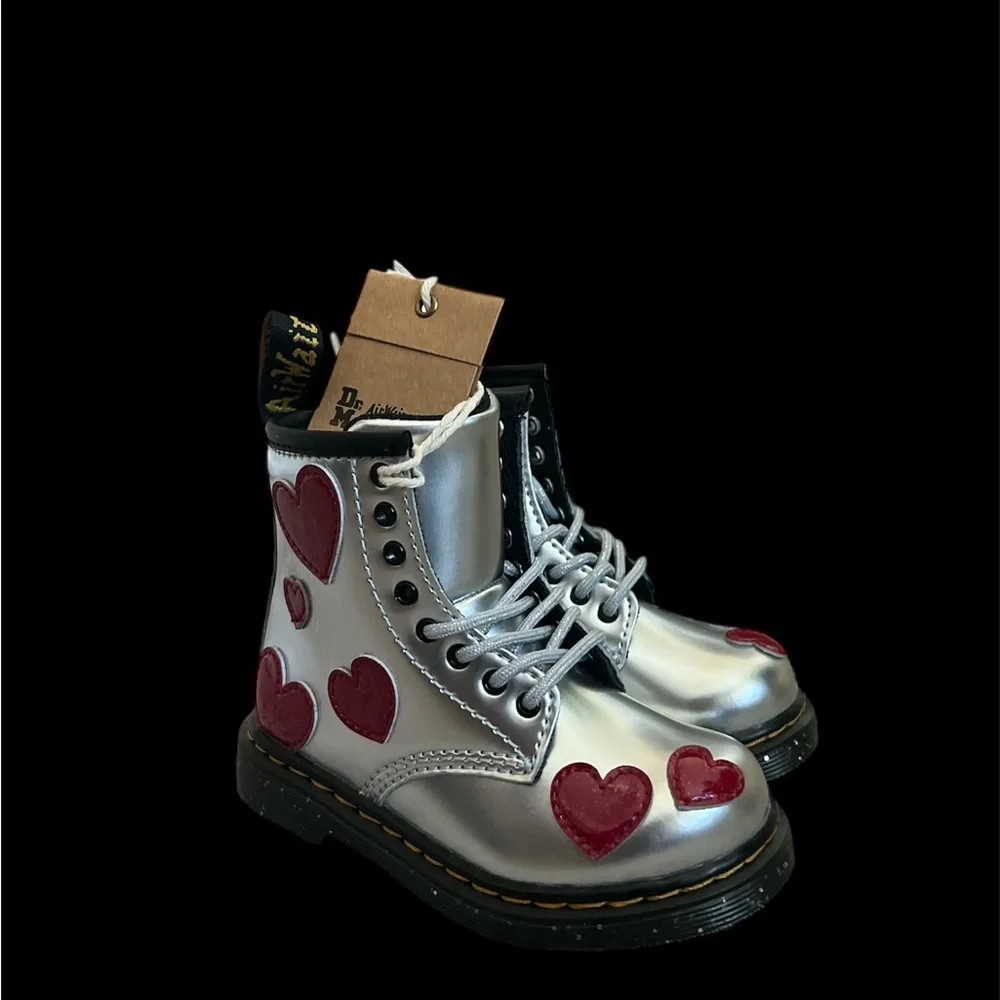 Size 7 - Dr. Martens Toddler Girl 1460 Lace Up Fashion Boot‎ Silver/Red/Glitter